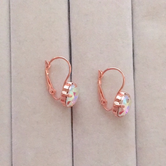 Aurora Borealis + Rose Gold Cushion Cut Crystal Drop Earrings - Picture 10 of 12